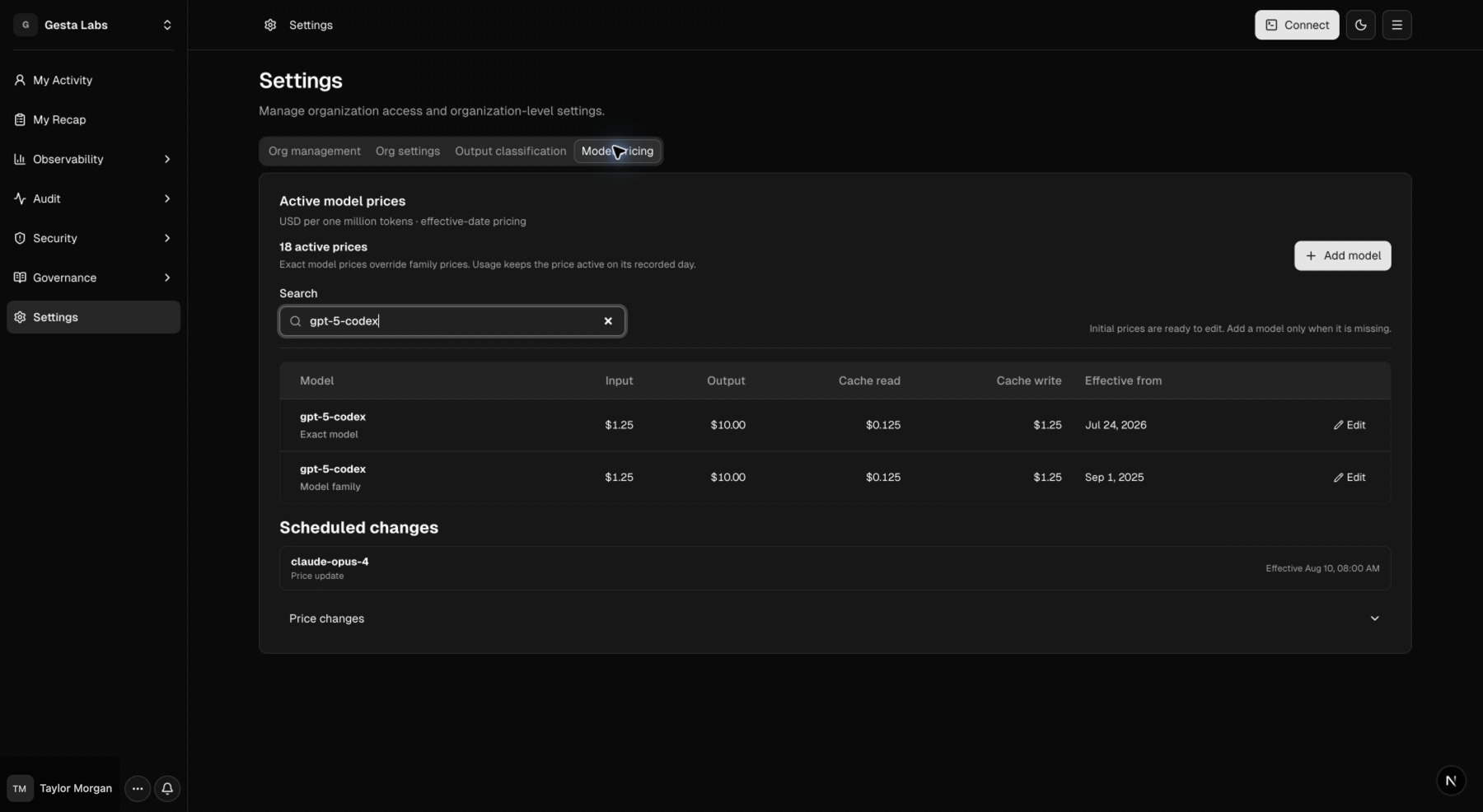 Model pricing catalog